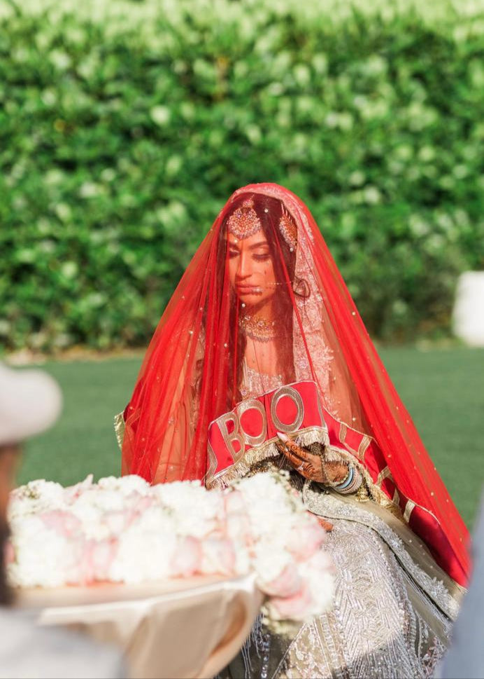 Zayrish | Red Nikah Dupatta with Wedding Hashtag