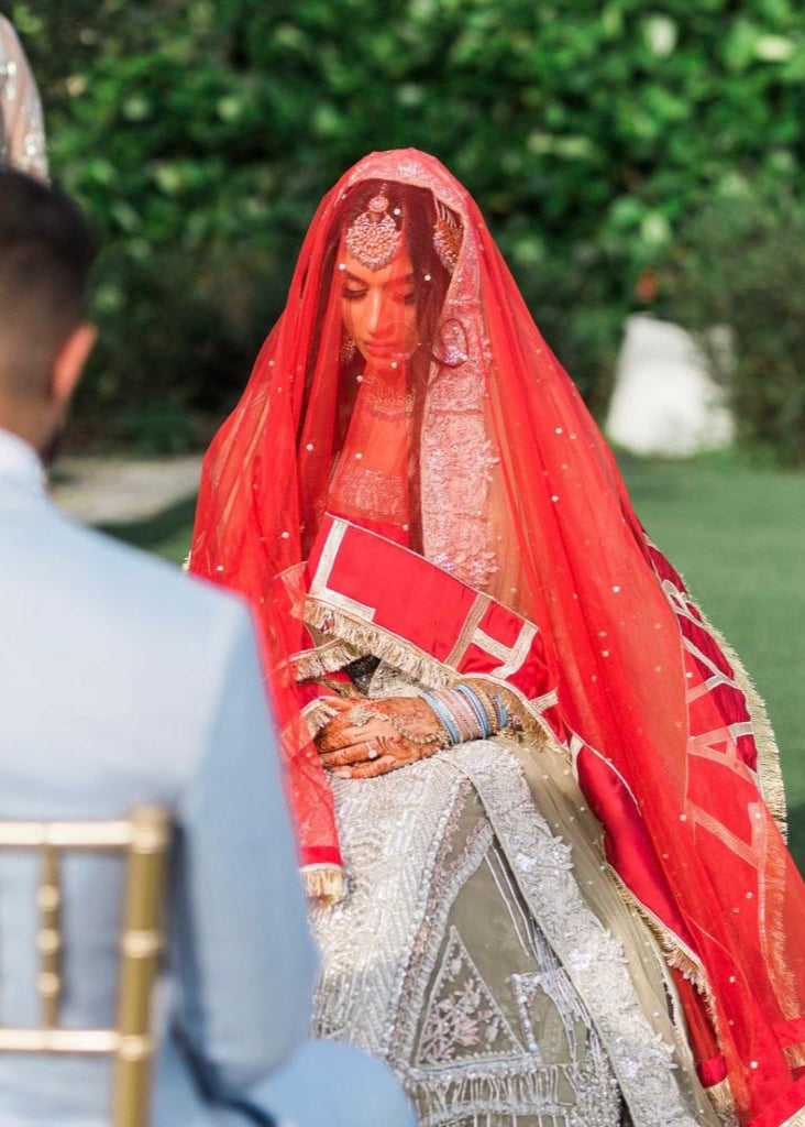 Zayrish | Red Nikah Dupatta with Wedding Hashtag
