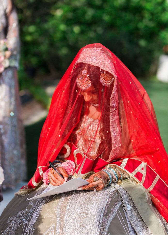 Zayrish | Red Nikah Dupatta with Wedding Hashtag