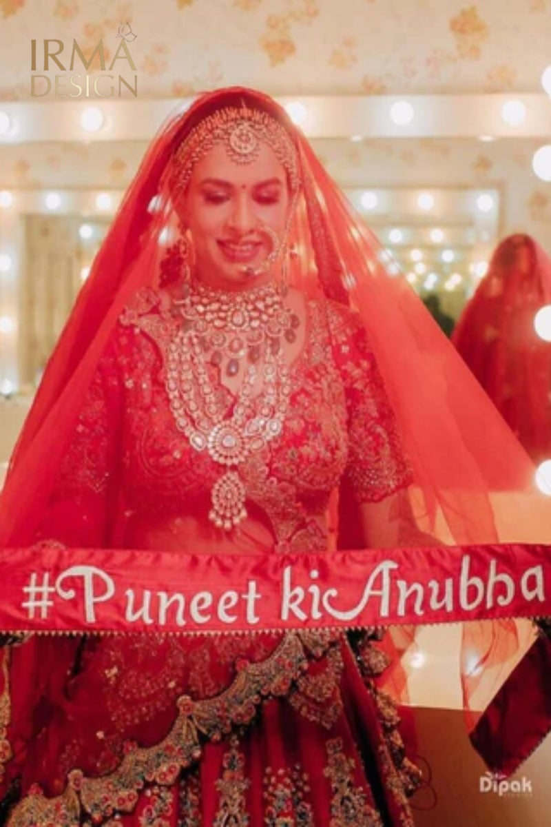 Zayrish | Red Nikah Dupatta with Wedding Hashtag
