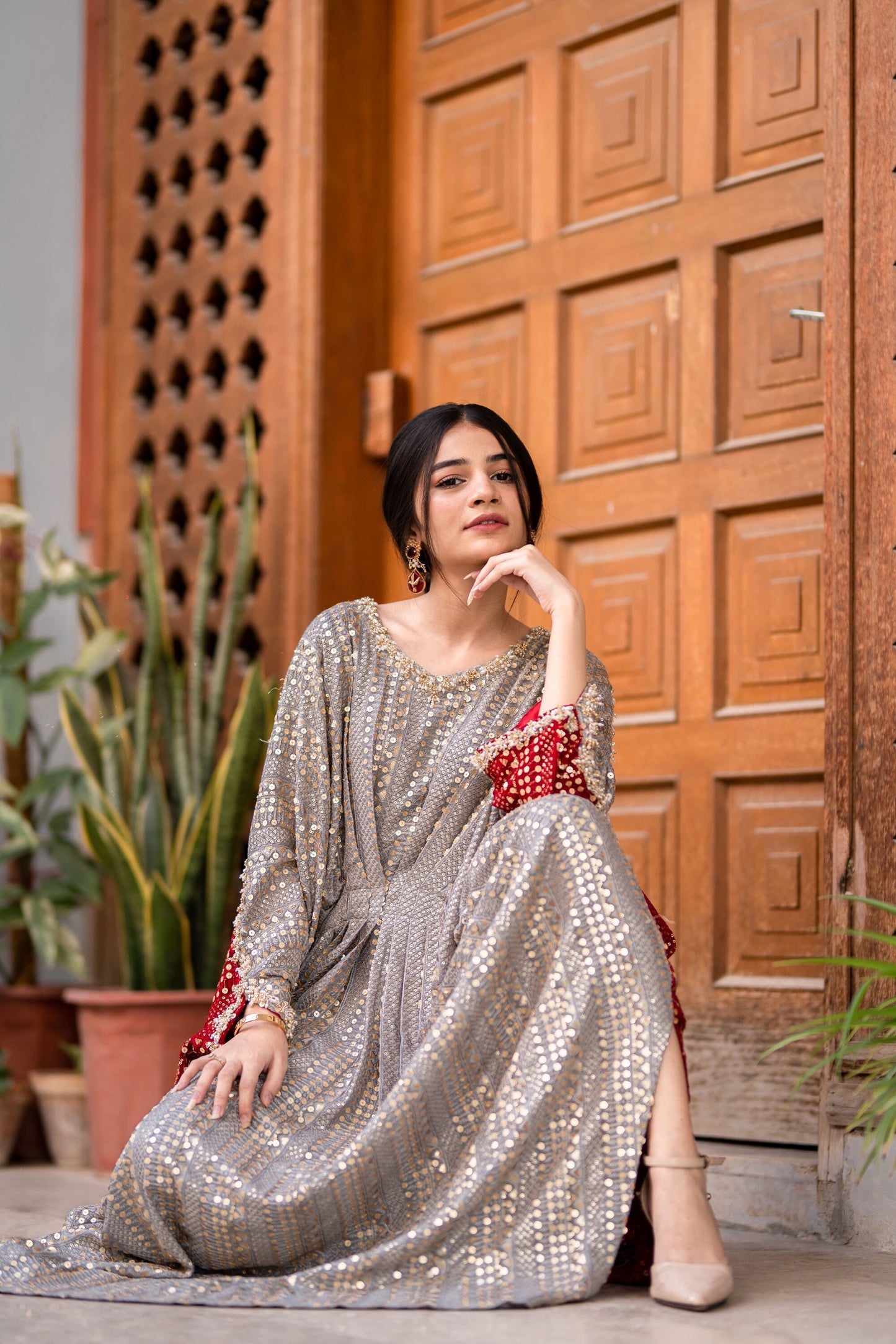 Haya Anees Gold And Red Kaftan