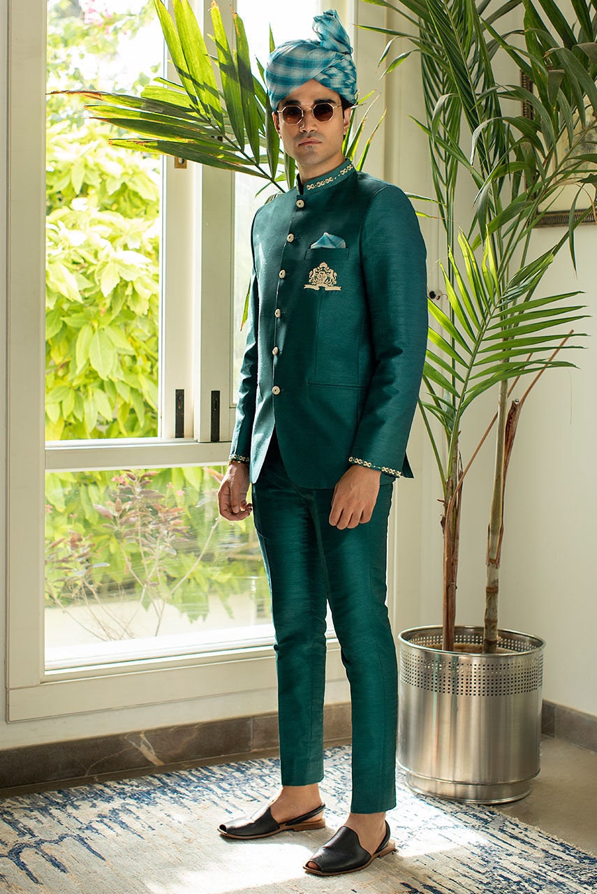 Emerald Green Rawsilk Prince Coat, Nehru/Bandhgala
