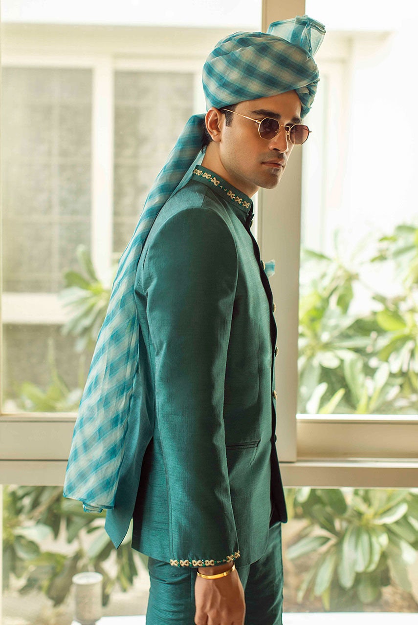 Emerald Green Rawsilk Prince Coat, Nehru/Bandhgala
