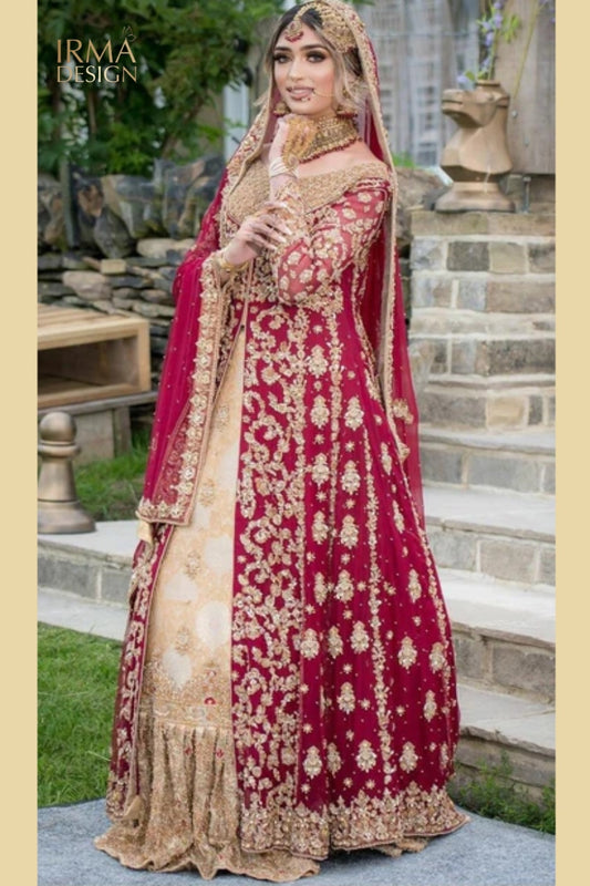 Pakistani Traditional Red and Champagne Bridal dress