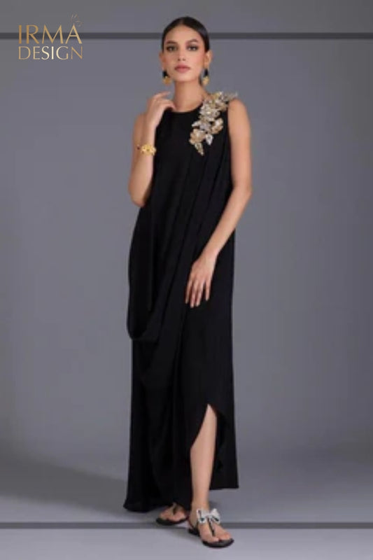 Black Draped Georgette Kaftan