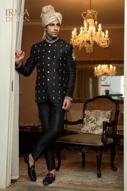 Black Rawsilk Prince Coat, Nehru/Bandhgala