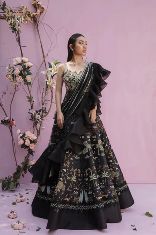 Black silk and organza sari drape lehenga