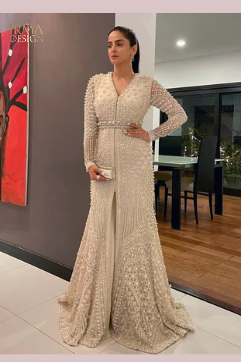 Elan inspired Pearl white dress worn by Saba Qamar