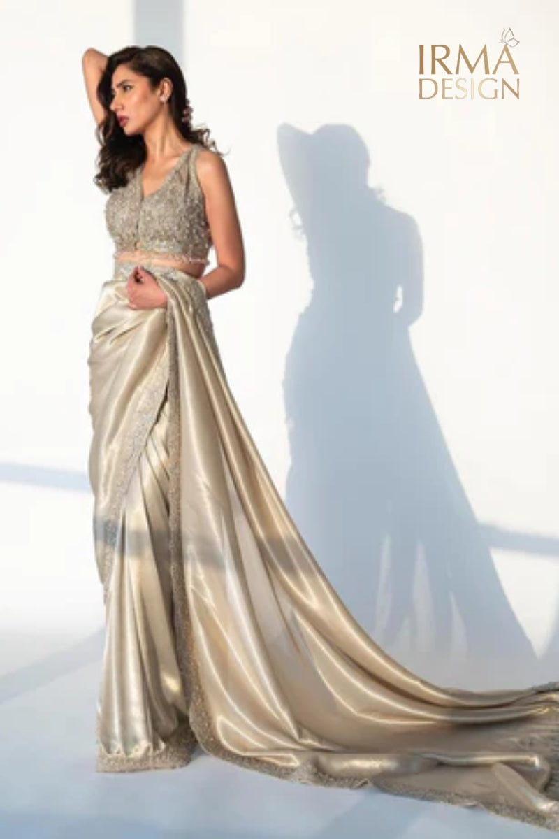 Faraz Manan inspired champagne gold sari