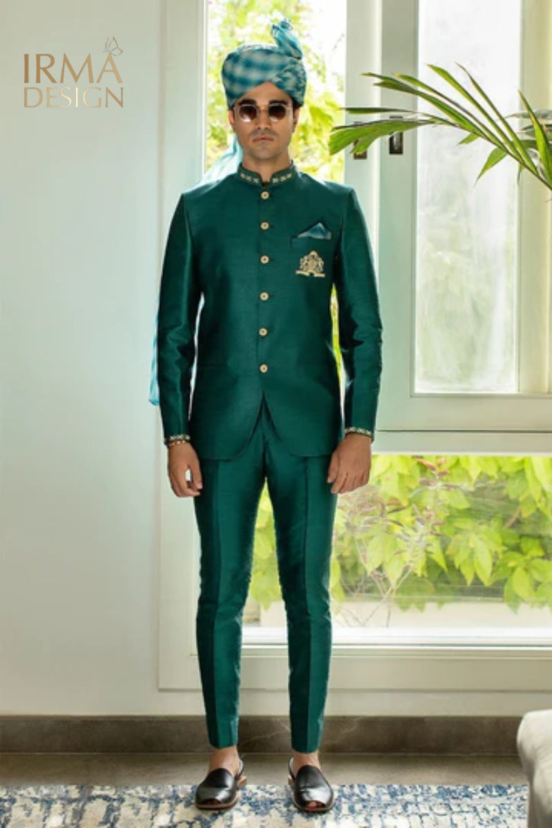 Emerald Green Rawsilk Prince Coat, Nehru/Bandhgala