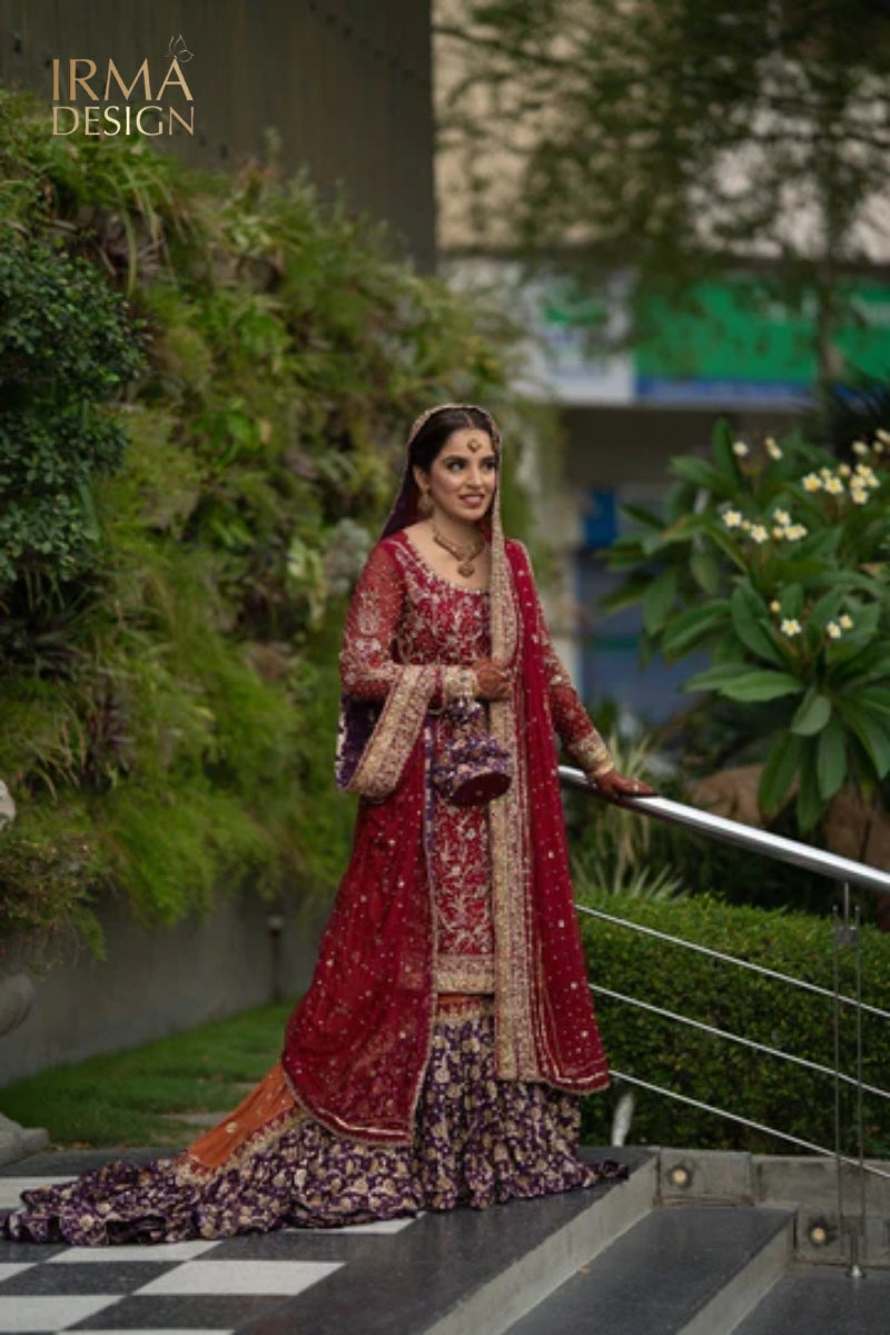 Maleeha bridal dress, red traditional Sharara