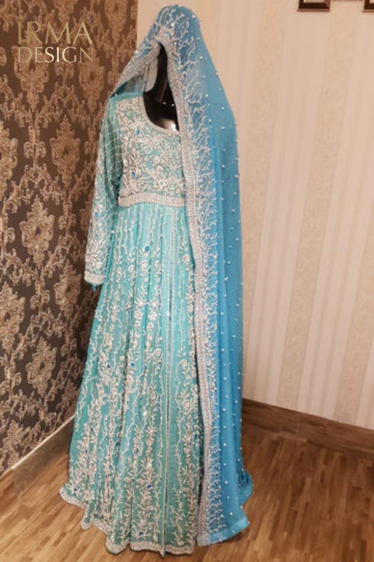 Pakistani bridal maxi dress, long blue gown, bridal dress, wedding outfits