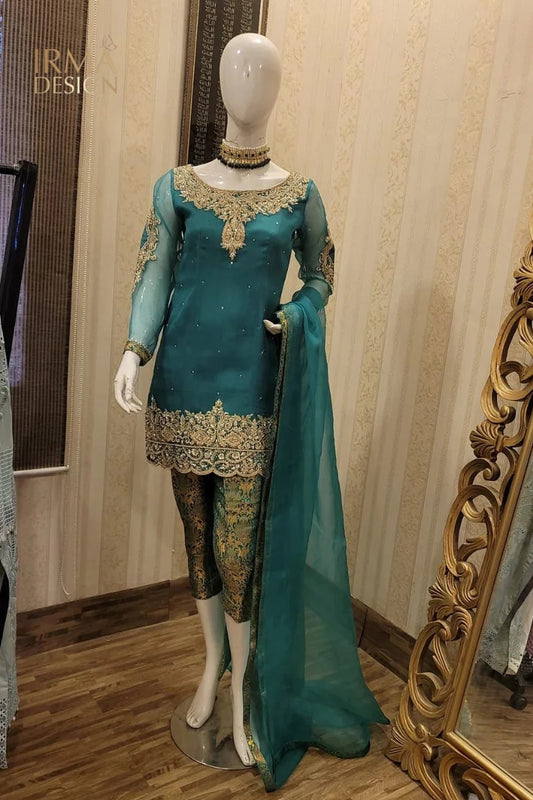 Pakistani Formal Wear, Gorgeous green chiffon and jamawar pants, Pakistani/indian/bengali dresses, women clothing