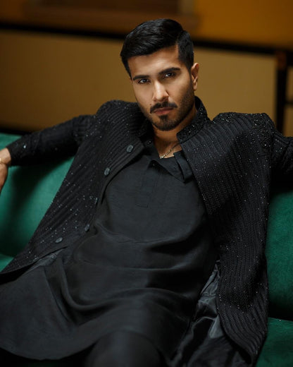 Faiza Saqlain Inspired Men’s Black Sherwani