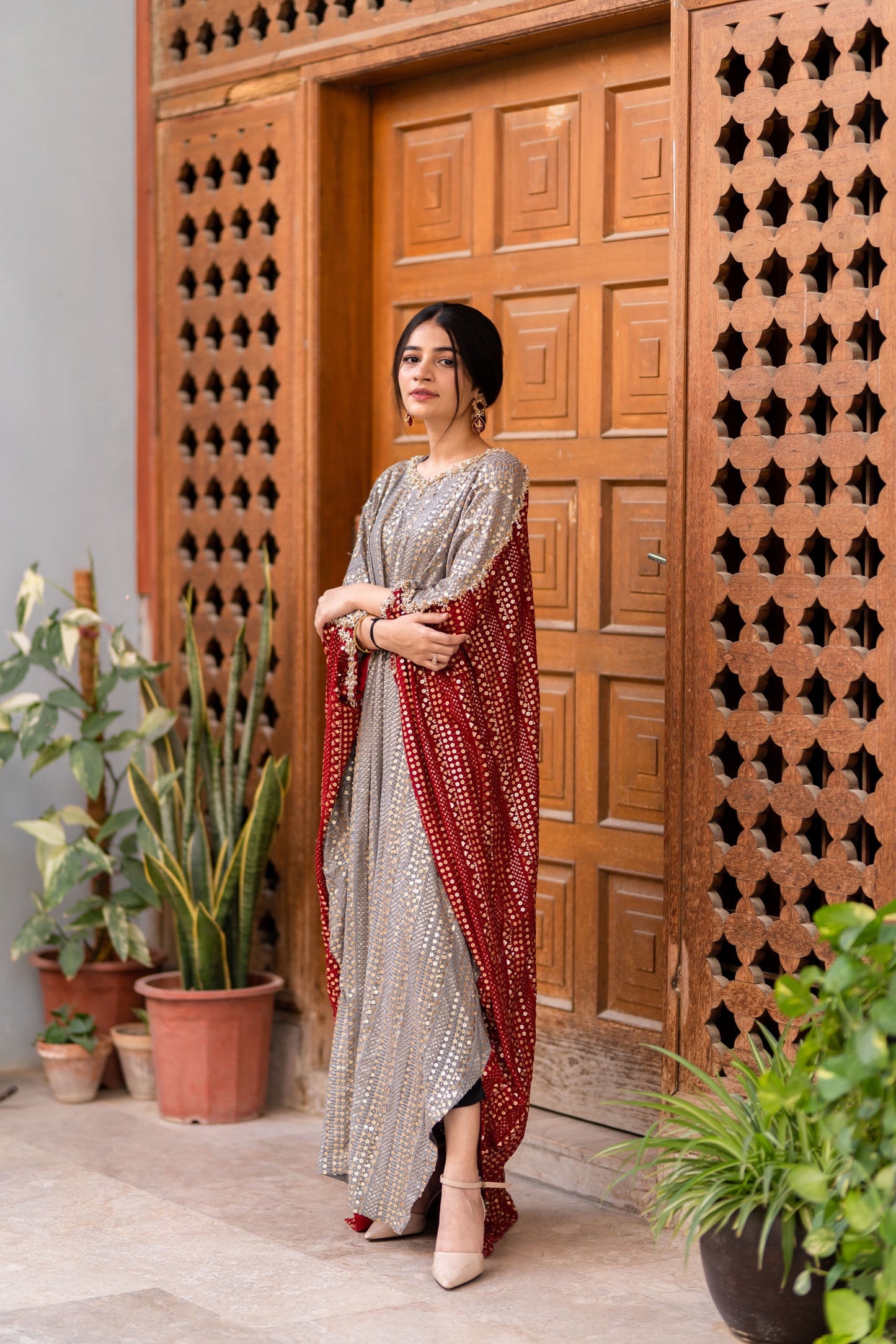Haya Anees Gold And Red Kaftan