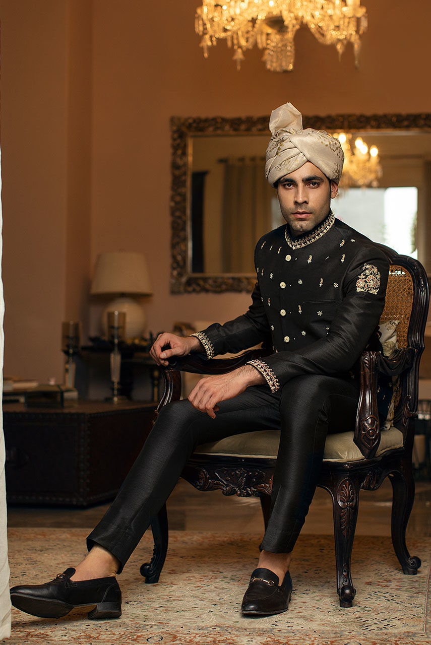 Black Rawsilk Prince Coat, Nehru/Bandhgala