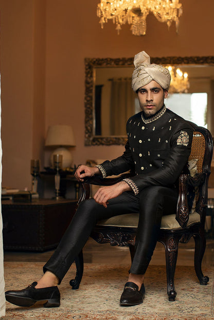 Black Rawsilk Prince Coat, Nehru/Bandhgala